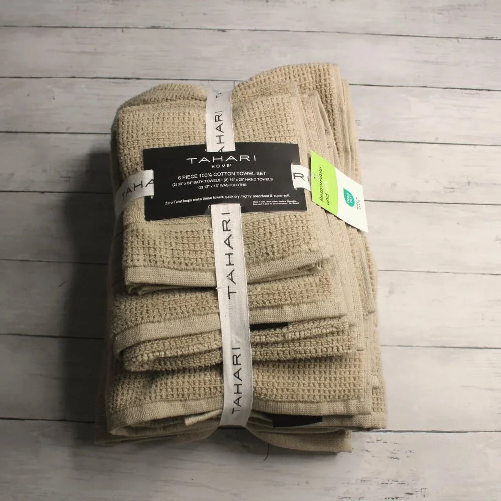 Tahari Bath Towel Set 100% Cotton Beige Hand Towels Washcloth 6 Piece